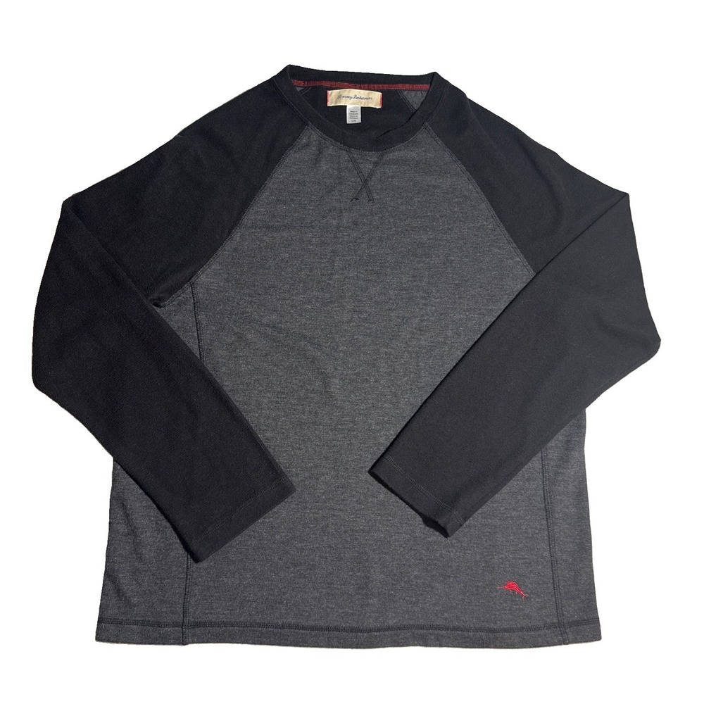 Tommy Bahama Pullover Sweater Mens Large Gray Black Crew Neck Long Sleeve Raglan